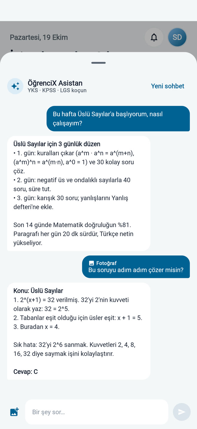 ÖğrenciX Asistan: üslü sayılar için çalışma düzeni ve fotoğraflı soru çözümü