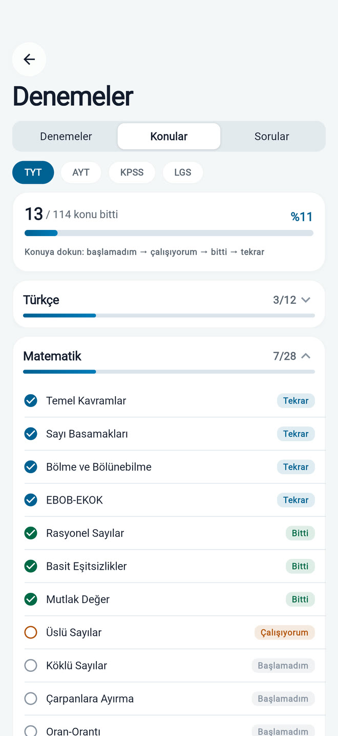Konular: TYT Matematik konuları, bitti ve tekrar durumları
