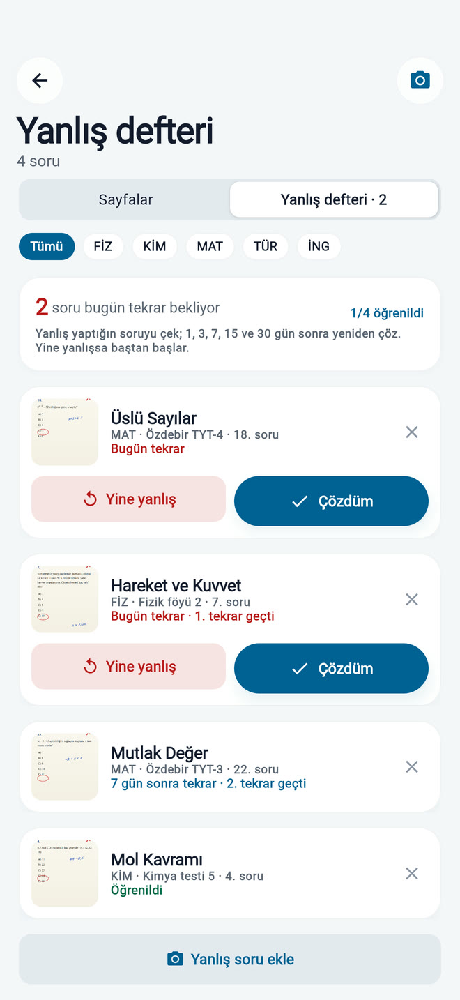 Yanlış defteri: bugün tekrar bekleyen sorular, Çözdüm ve Yine yanlış düğmeleri